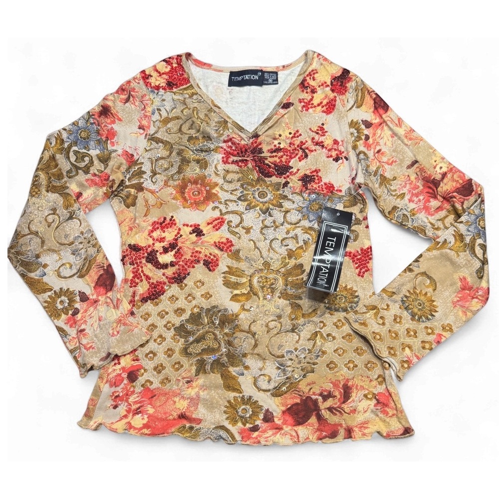 NWT Y2K Grunge Temptation Long Sleeve Floral Sequin‎ V Neck Top M Made in India